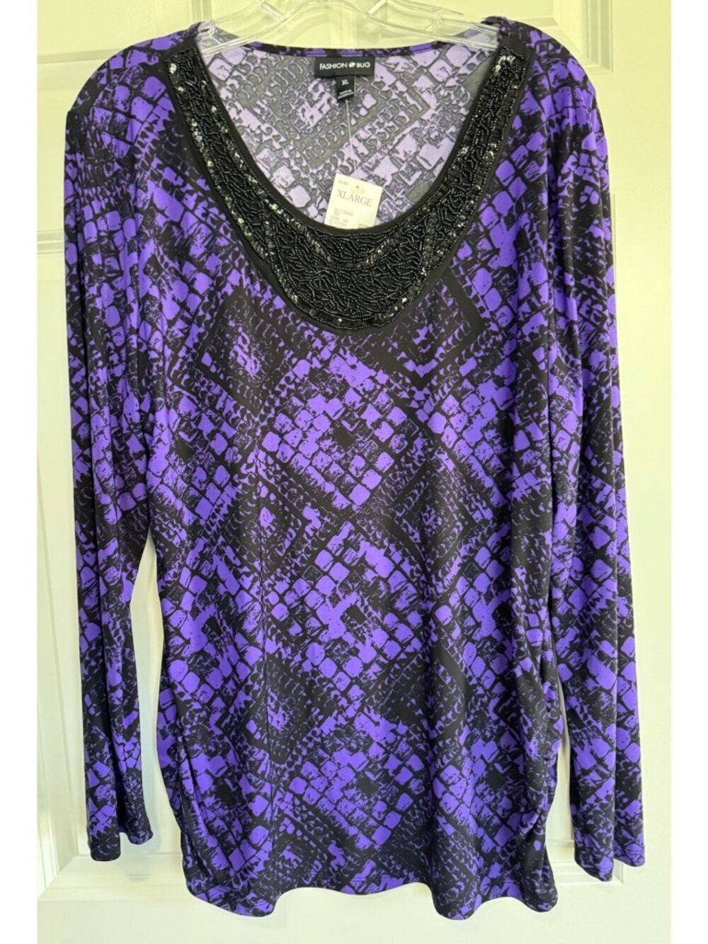 Fashion Bug V-Neck Blouse Purple Black Snake Print Slinky Beaded Y2K Women's XL